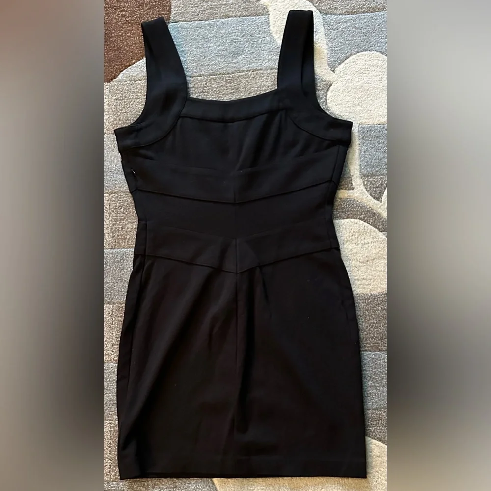 Paige. Sleeveless Little Black Mini Tank Dress Pieced Chevron Waist Square Neck